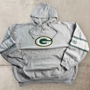 Majestic Green Bay Packers Hoodie Mens XLT Gray Henley Fleece Sweatshirt NFL Y2K